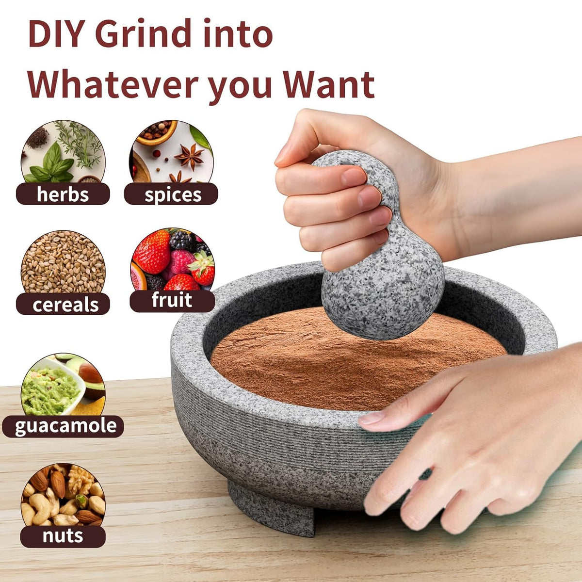 Large Mortar and Pestle Set- 4 Cup Unpolished Granite Bowl Heavy Duty Molcajete Mexicano Guacamole Pastes Pestos Salsa Bowl, Grind Seeds, Herbs, Pills, Kitchen Lab Muddler, Gray, 8 Inches