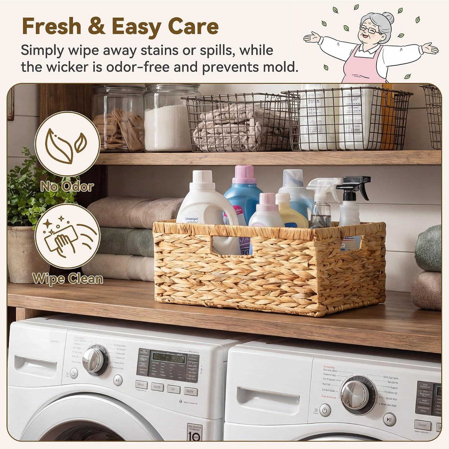 GRANNY SAYS Wicker Storage Baskets for Shelves, Water Hyacinth Basket with Scalloped Edge, Storage Wicker Baskets for Pantry, Large, 2-Pack