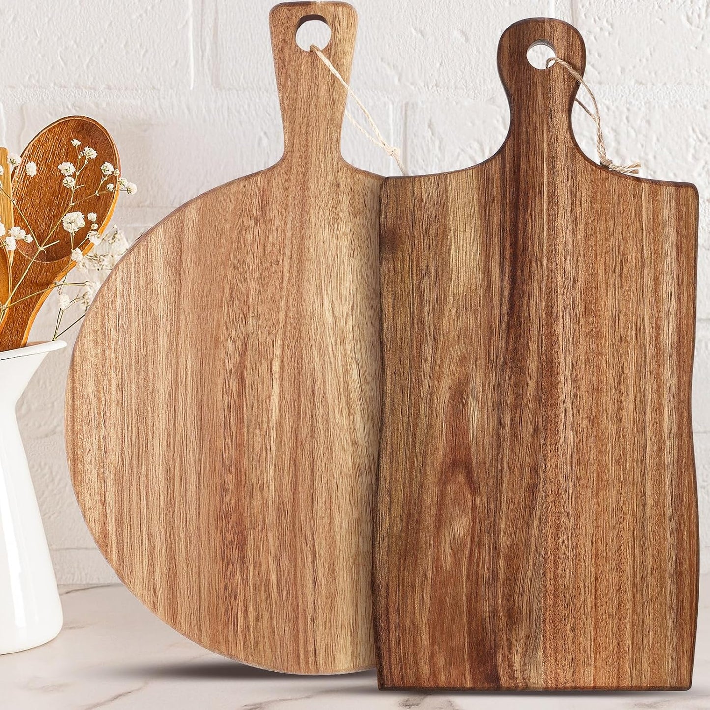 Hsei 2 Pcs Acacia Wood Cutting Board with Handle Wooden Charcuterie Board Large Paddle Carving Chopping Set Butter Serving Tray for Cheese Meat Fruit Pizza Bread(Vintage Style, 16x12, 17x13 Inch)