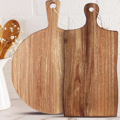 Hsei 2 Pcs Acacia Wood Cutting Board with Handle Wooden Charcuterie Board Large Paddle Carving Chopping Set Butter Serving Tray for Cheese Meat Fruit Pizza Bread(Vintage Style, 16x12, 17x13 Inch)