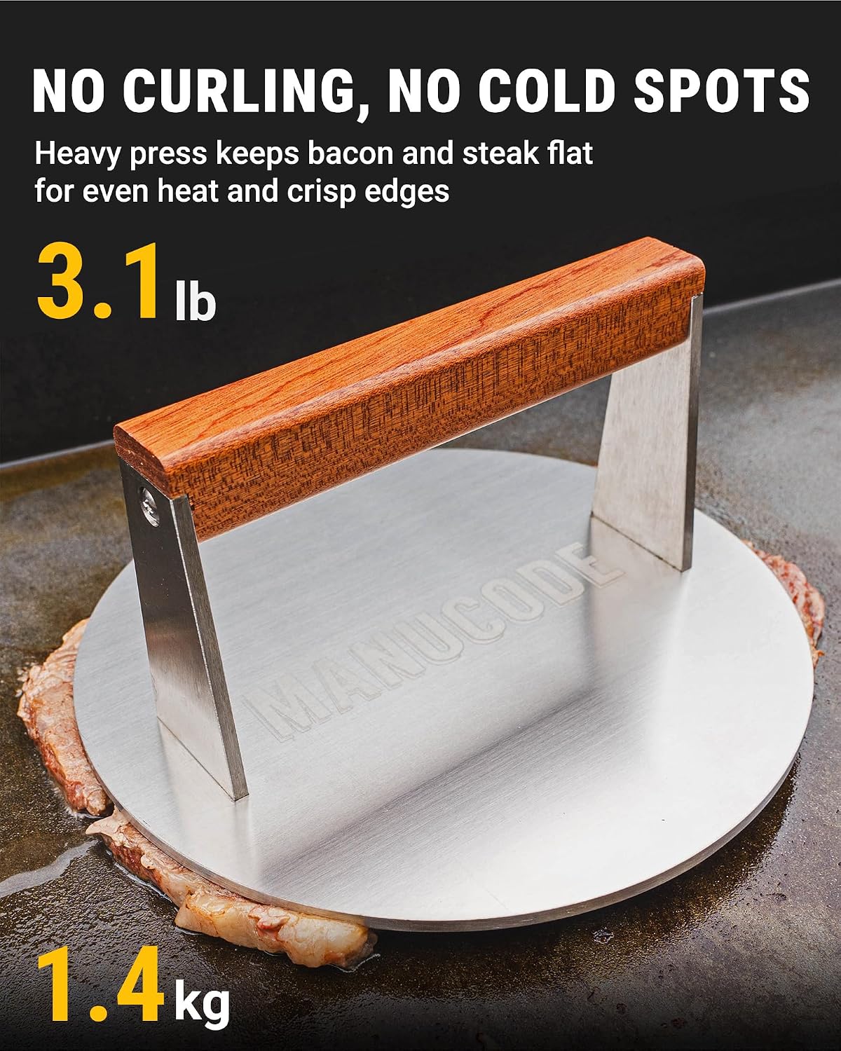 Bacon Press, Stainless Steel Flat Bottom, 9.25 x 5.7 in, 3.2 lb