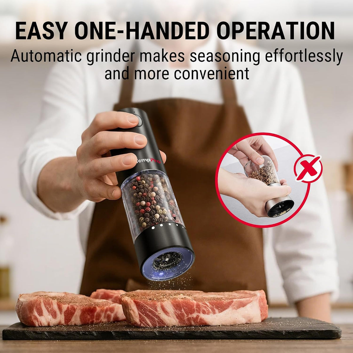 TempPro Rechargeable Electric Salt and Pepper Mill Set with Large Capacity