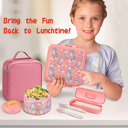 JXXM Bento Lunch Box for Kids With 8oz Soup thermo,Leak-proof Lunch Containers with 5 Compartment,thermo Food Jar and Lunch Bag, Food Containers for School (A-Blue(Extreme Locomotive))