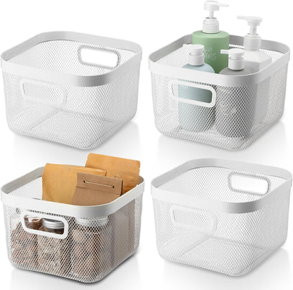 MorningRo 6 Pack Metal Mesh Basket with Hollow Handles Black Wire Storage Bin for Organizing Stackable Metal Fine Mesh Basket for Pantry Bathroom Kitchen Cabinets Shelves (Medium)
