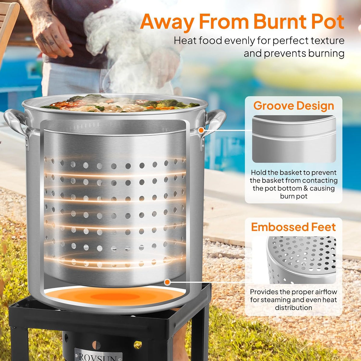 Bonnlo 30QT Aluminum Stock Pot for Boiling Seafood, Crawfish & Crab, Frying Turkey & Steaming Tamales, Large Boil Pot with Strainer Basket, Lid, Lifting Hook & Steamer Rack for Outdoor Cooking