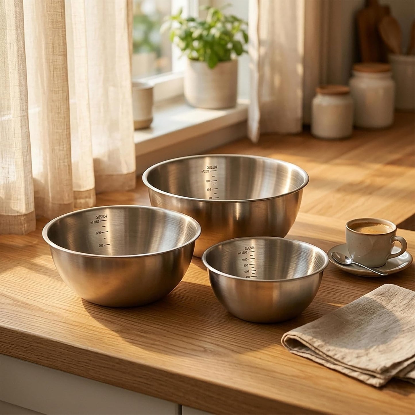 Stainless Steel Mixing Bowls Set of 3，Nesting Metal Prep Bowls with Interior Measurement Marks for Baking, Cooking & Food Storage - Space Saving, Rust-Proof & Dishwasher Safe