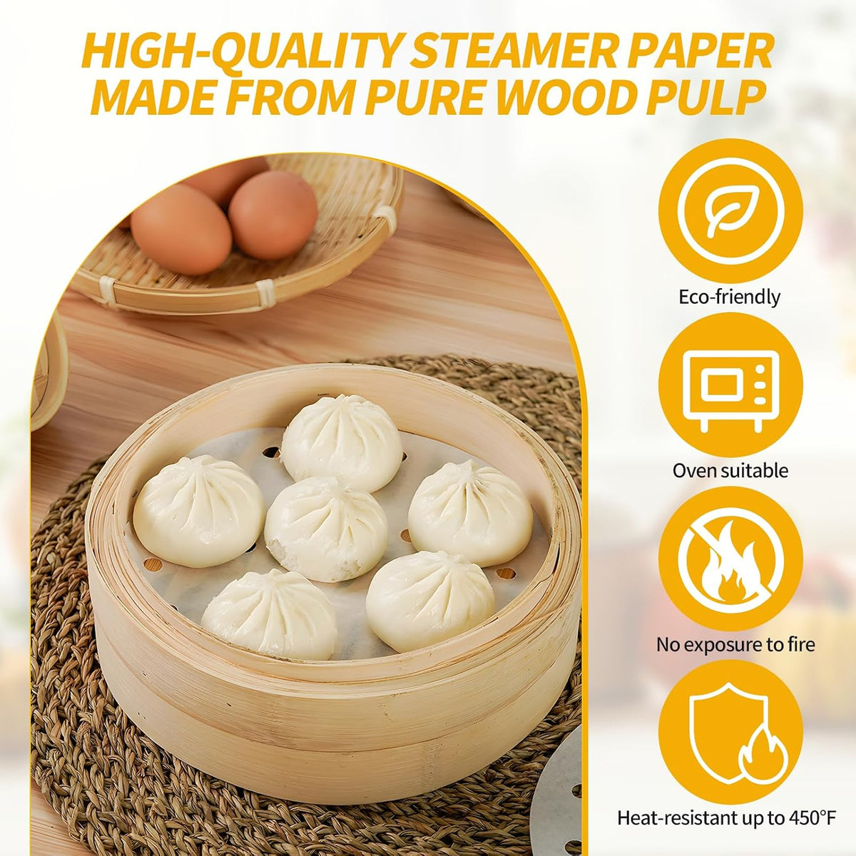 Non-Stick Bamboo Steamer Paper, 10" Round Liners with Holes for Steamer Basket, Air Fryer, Bamboo Steamers, and Oven Use