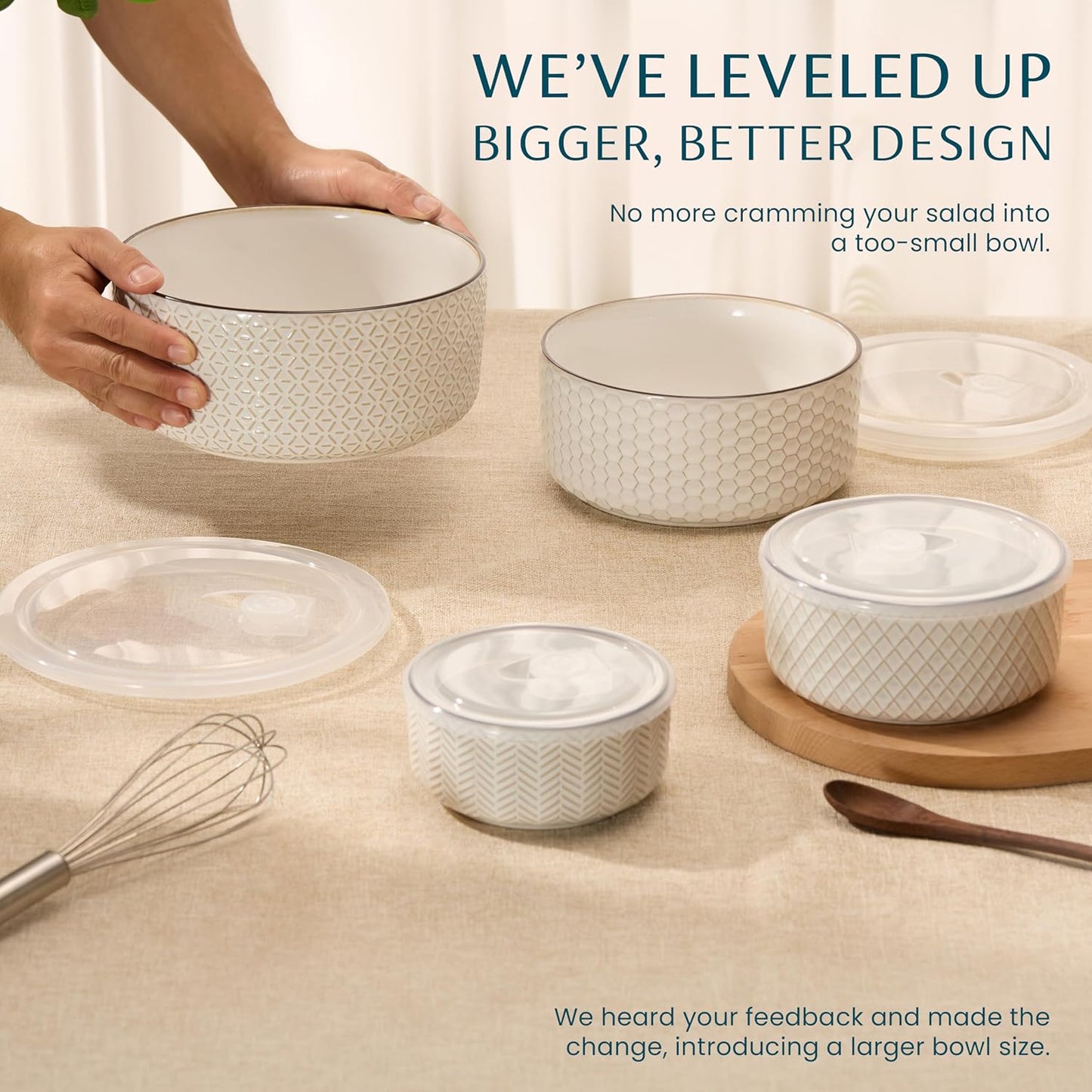 KooK Serving Bowls, with Lids, Ceramic Nesting Bowls, Set of 4, Embossed, Kitchen, Prep, Stackable, Gift, Microwave and Dishwasher Safe, 10/16/29/47 oz, Narbonne Collection (Ivory)