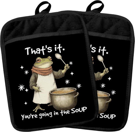 Dark Humor Funny Frog Pot Holders Heat Resistant, Frog Lover Gifts, You're Going in the Soup Weirdcore Animal Oven Potholder Hot Pads for Kitchen Countertops Baking Cooking