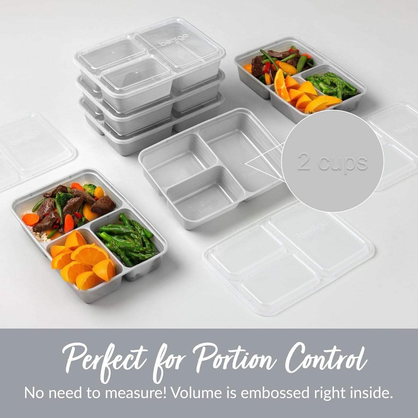 Bentgo Prep - 20-Piece 3-Compartment Reusable Meal Prep Containers with Lids, PFAS & BPA Free Materials, Durable, Microwave, Freezer, & Dishwasher Safe To Go Food Storage (Stone Gray)