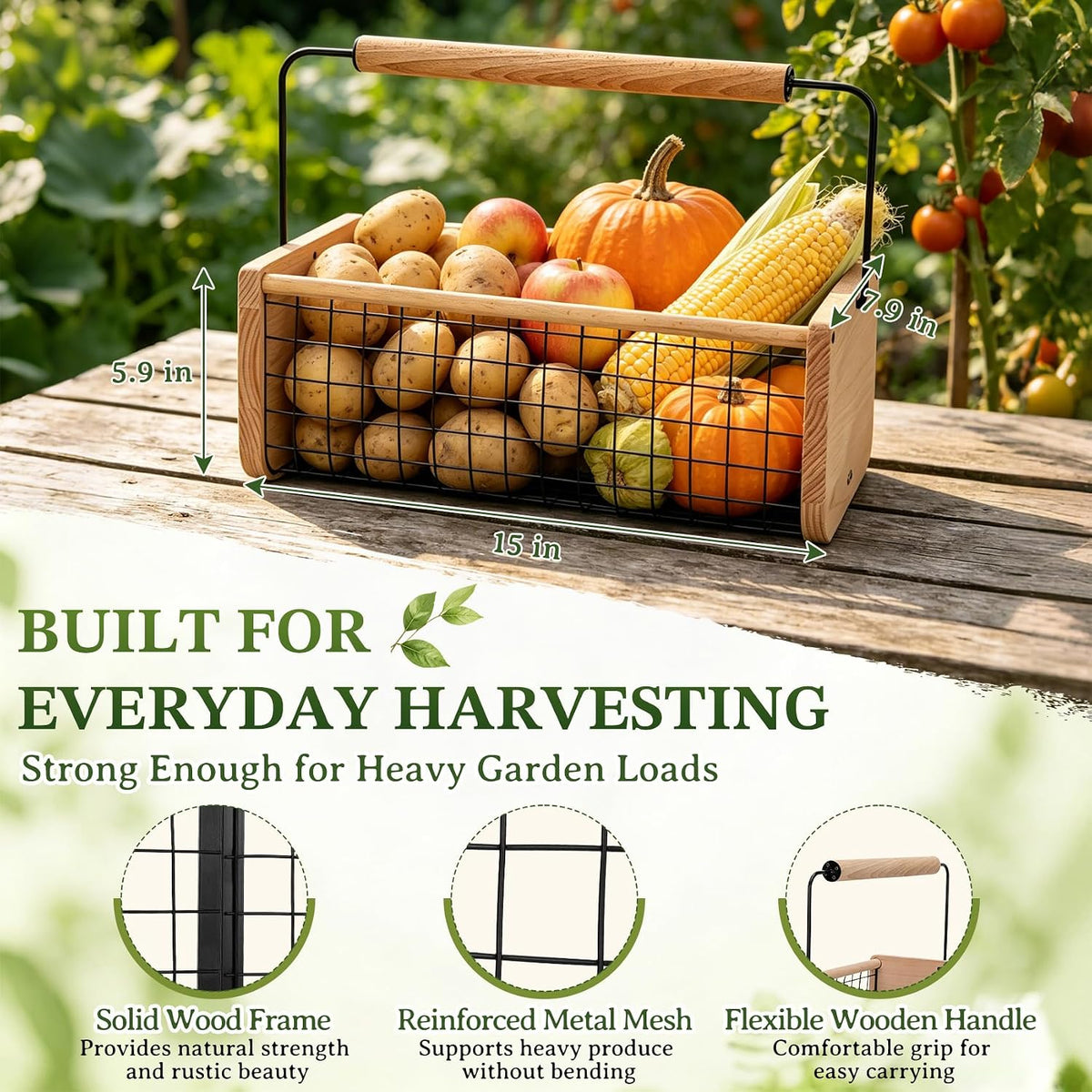 Garden Hod Harvest Basket, Wooden Garden Harvest Basket with Metal Mesh, Vegetable Gathering Basket for Fruit Picking, Rinse & Drain Gardening Basket for Kitchen, Picnic, Farmhouse Decor-Big