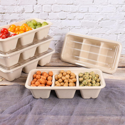 disposable bowls 18 oz 3 compartments with lids Plant Fiber 50 Pack