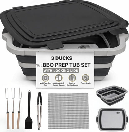 Collapsible BBQ Prep Tub 8L Black | Portable Meat Marinating Container with Locking Cutting Board Lid, BBQ Tongs, 2 Meat Shredding Claws & 2 Heat-Resistant Grill Gloves for Camping & Grilling