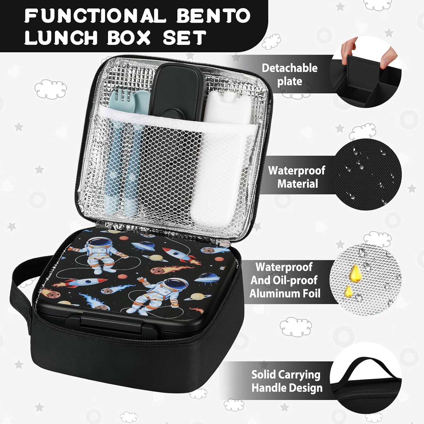MAISON HUIS Bento Lunch Box with 8oz Soup Thermo and Insulated Lunch Bag, Kids Leakproof Lunch Food Containers with 5 Compartment, Boys Girls Thermo Hot Food Jar for Travel, School, BPA Free (Black)