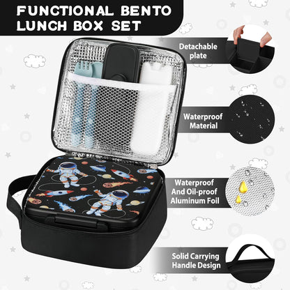 MAISON HUIS Bento Lunch Box with 8oz Soup Thermo and Insulated Lunch Bag, Kids Leakproof Lunch Food Containers with 5 Compartment, Boys Girls Thermo Hot Food Jar for Travel, School, BPA Free (Black)
