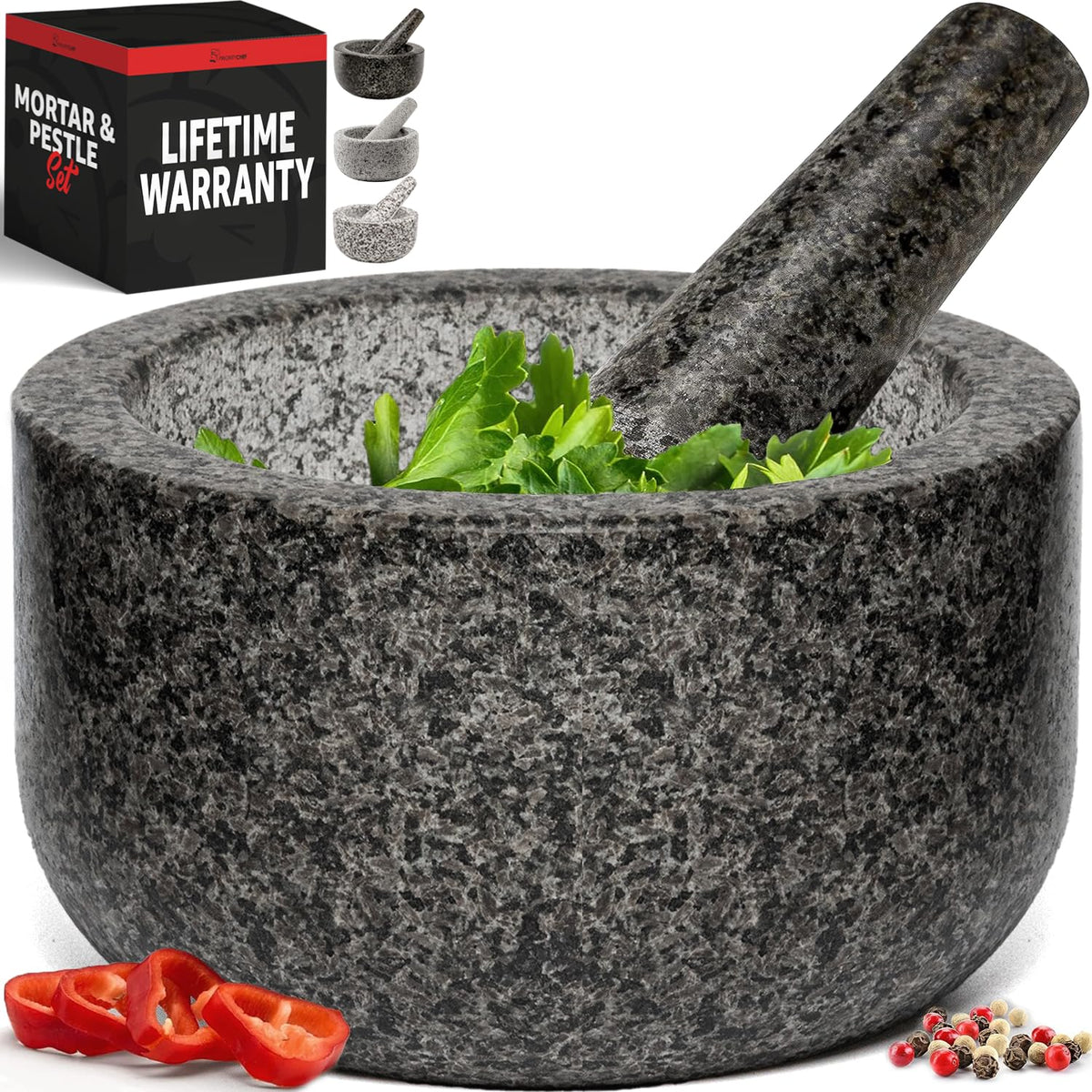 Priority Chef Heavy Duty Large 1.5 Cup Mortar and Pestle Set, 100% Natural Granite, 5.5 Inch Diameter Bowl, 6.2 Inch Pestle, Non-Slip Base, Stone Grinder for Guacamole Salsa Pesto Herbs Spices, Black