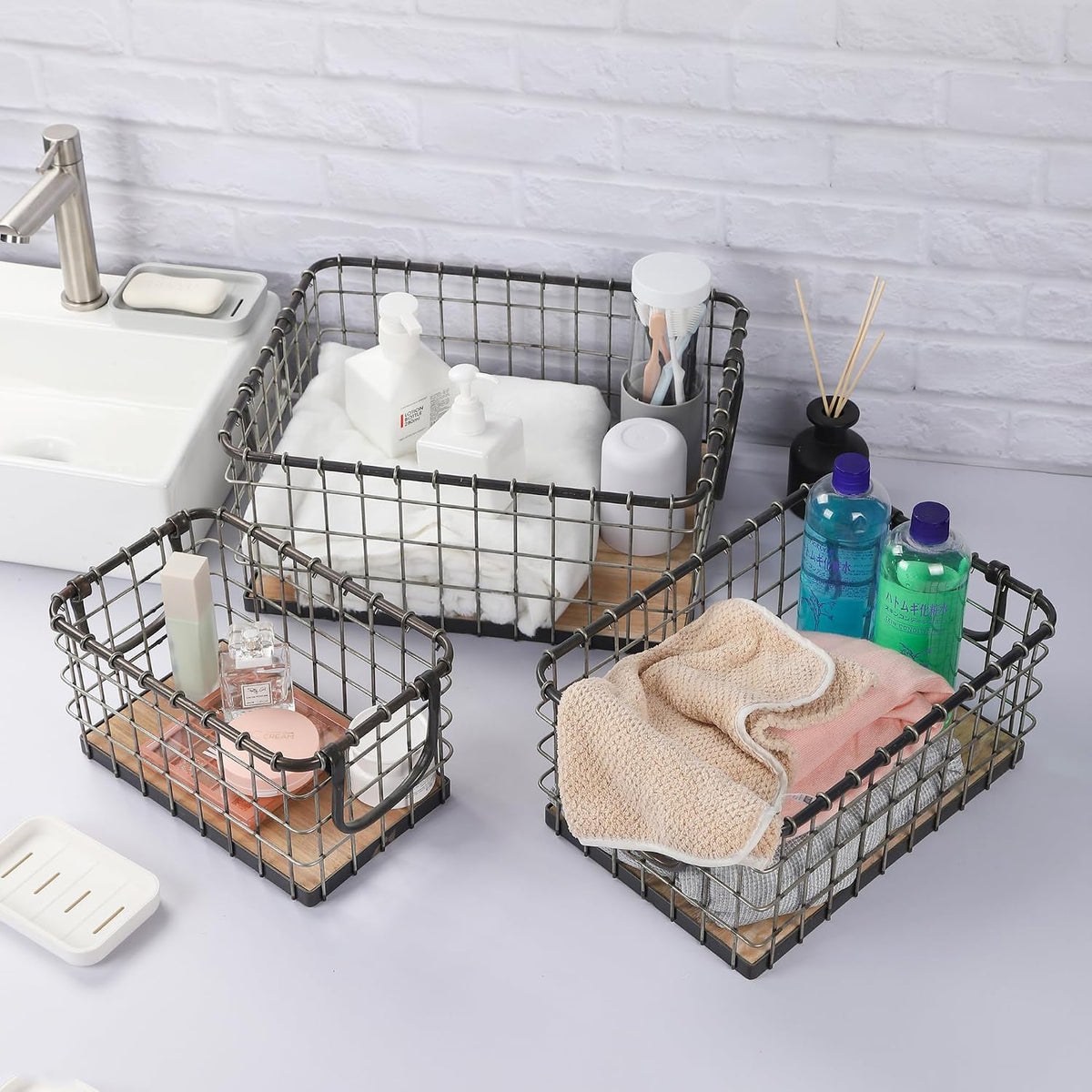 11.5" Wide Rectangular Sturdy Hand Welded Farmhouse Metal Wire Basket with Rustic Wooden Bottom For Shelves, Closet Storage Bins for Shelves. Also For Laundry, Towel, Spice Rack, Tool Box (11.5"x7")