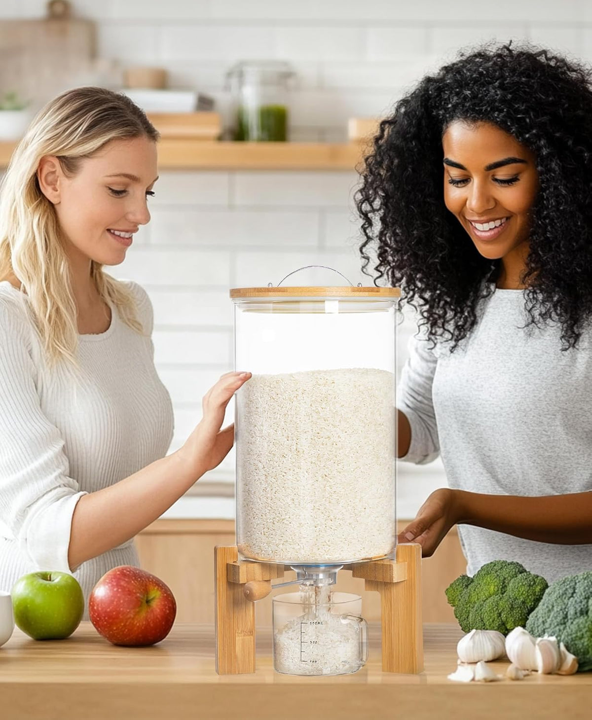 HBlife 5-7 Lbs Glass Rice Dispenser with Wooden Stand Flour and Cereal Container with Glass Measuring Cup Pantry Food Organization Storage Bin with Airtight Bamboo Lid, 3L