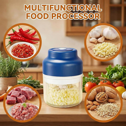 350ML Mini Electric Garlic Chopper, Mini Portable Veggie Chopper USB Charging Wireless Food Processor, Upgrade Electric Mini Garlic Chopper Set Wireless Veggie Grinder (Blue)