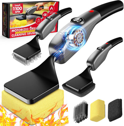 Reciprocating Electric Grill Brush, Fire-Resistant BBQ Grill Brush, Bristle-Free Grill Brush for Outdoor Grill, Grill Cleaner with 3 Heads, Cordless Grill Cleaning Brush with 3600 mAn, Silver