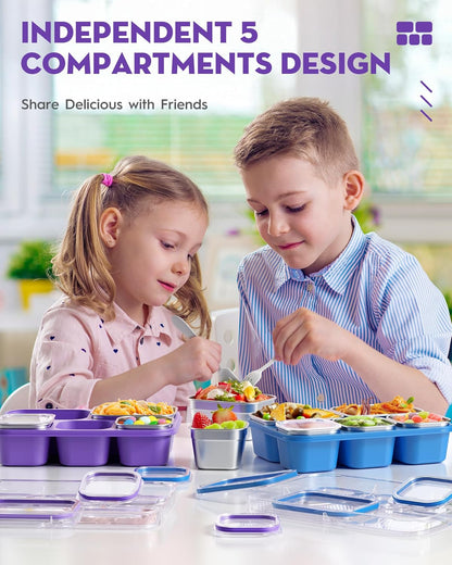 BiuLeon Snackle Box Containers, Stainless Steel 5 Compartments Divided Serving Tray with Lid, Removable LeakProof Portable Bento Box for Fruit Candy Nuts Food - School, Picnic and Travel（Blue）