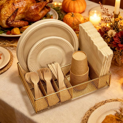 Paper Plate Organizer for Countertop - Metal Utensil Caddy Silverware Holder Cutlery Flatware Plastic Spoon Fork Plates Napkins Cup Storage Dispenser Party Picnic Essentials Camping Supplies