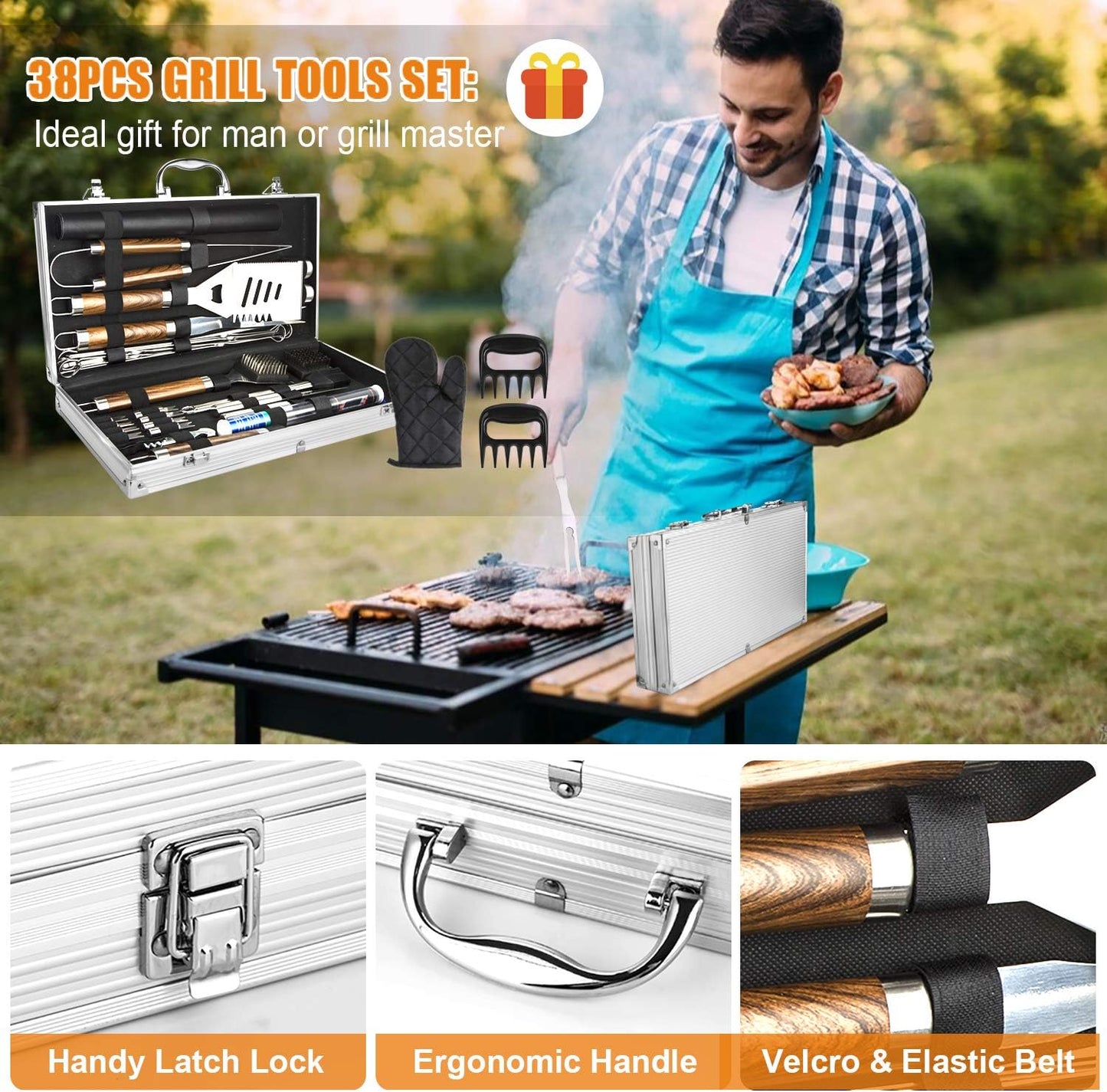 Cifaisi BBQ Grill Accessories Set, 38Pcs Stainless Steel Grill Tools Grilling Accessories with Aluminum Case, Thermometer, Grill Mats for Camping/Backyard Barbecue, Grill Set for Men Women