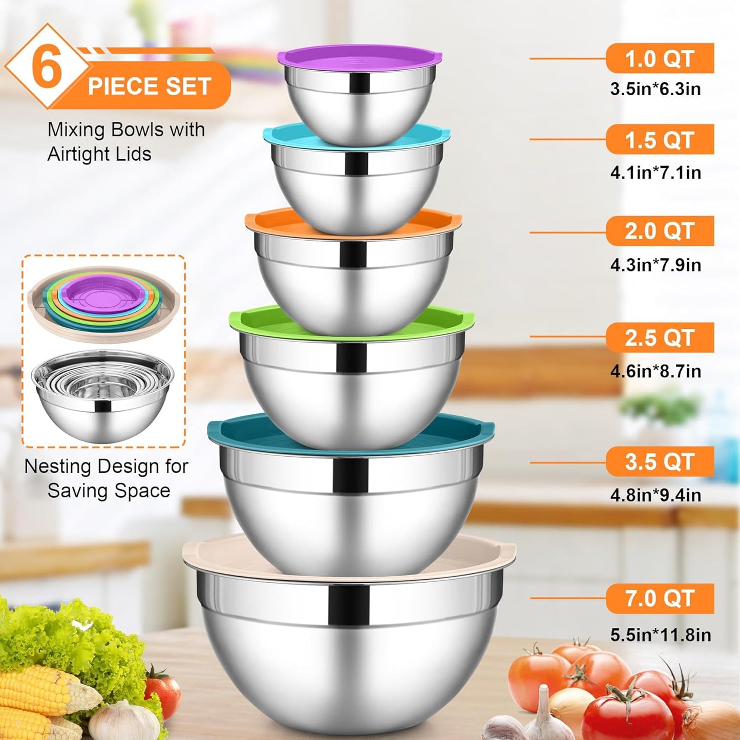 LIANYU Stainless Steel Mixing Bowls Sets of 6, Large 7, 3.5, 2.5, 2, 1.5, 1QT Size with Transparent Airtight Lids, Metal Nesting Serving Bowl Sets for Home Kitchen, Dishwasher & Freezer Safe, Black