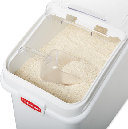 Rubbermaid Commercial Products ProSave Shelf-Storage Ingredient Bin With Scoop, 600-Cup capacity, Plastic, White, Sliding Lid, Container with Wheels for Kitchen/Restaurant Food Organization