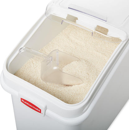 Rubbermaid Commercial Products ProSave Shelf-Storage Ingredient Bin With Scoop, 600-Cup capacity, Plastic, White, Sliding Lid, Container with Wheels for Kitchen/Restaurant Food Organization