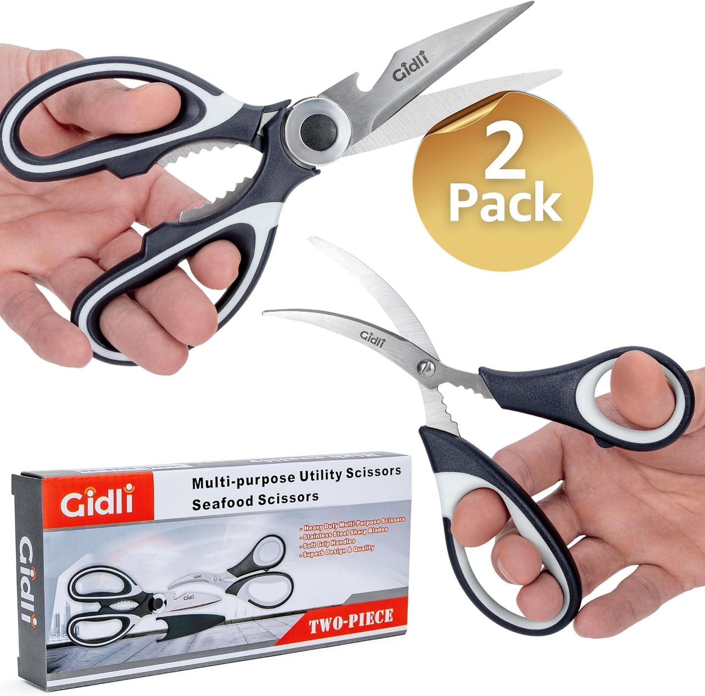 Kitchen Shears by Gidli - Liftime Replacement Warranty* - Includes Seafood Scissors As a Bonus - Heavy Duty Utility Stainless Steel All Purpose Ultra Sharp Scissors for Food/Cooking