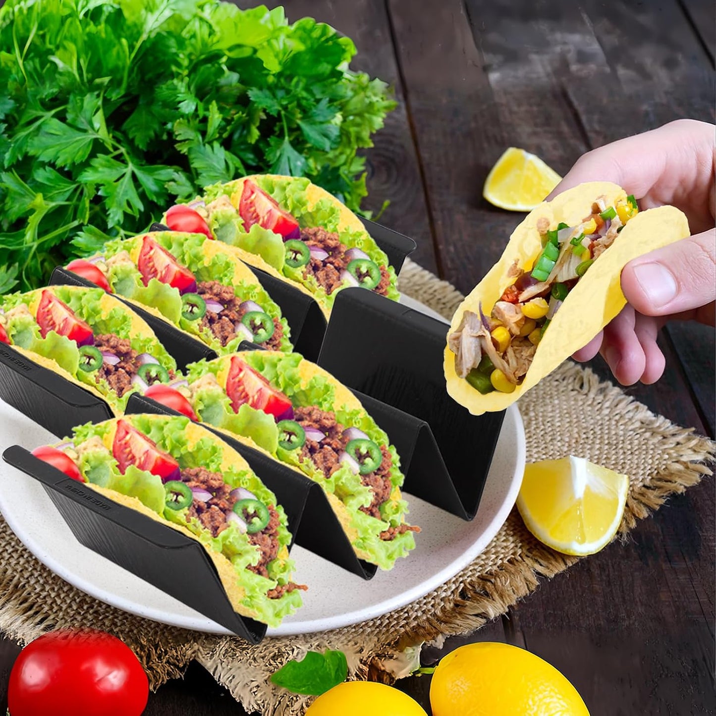 Taco Holder Set of 12, Black Plastics Taco Stand, Each Can Hold 2 To 3 Tortillas for Taco Tuesday Party Holidays, Outings, Weekends and Birthday Parties Dishwasher and Microwave Safe