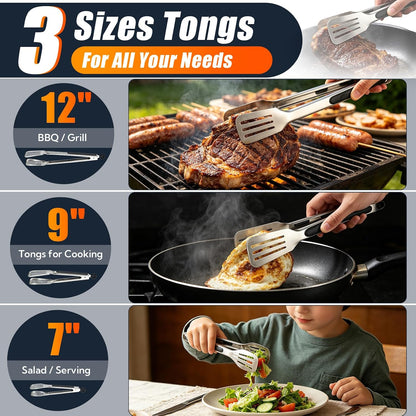 Metal Tongs for Cooking, Set of 3 Stainless Steel Spatula Tongs – 7, 9 & 12 Inch Heavy Duty Kitchen Tongs with Strong Grip, Pull Lock for Grilling, Flipping Steak, Fish & Ribs