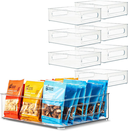 Plastic Food Storage 4 Pack Clear Container Bin with Handles for Organizing Kitchen, Pantry, Refrigerator, Freezer, Pantry, Cabinet, Closet, Bathroom. Stackable 10”x6”x3”
