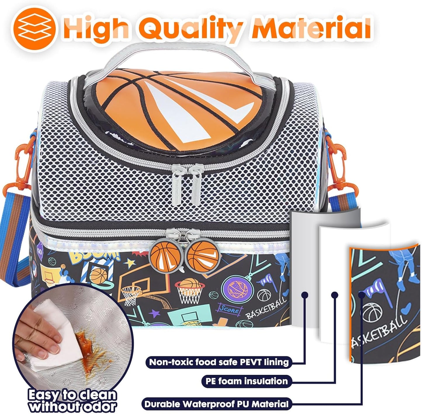 Kids Double Decker Cooler Insulated Lunch Bag, Back to School Large Meal Tote for Boys, Girls, Men, Women, with Adjustable Strap, Soccer