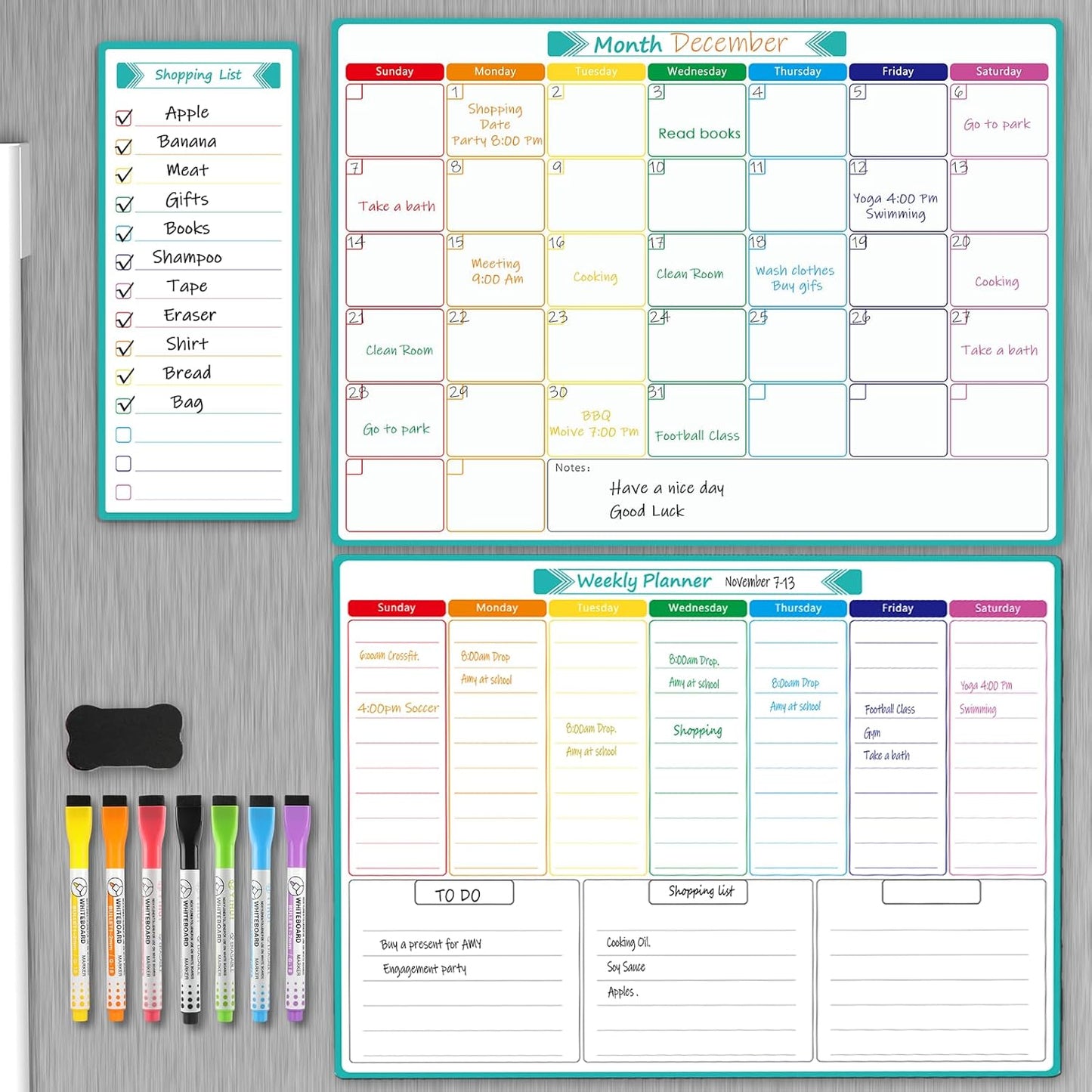 MaxGear Black Weekly Dry Erase Board,16"x12" Magnetic Whiteboard Meal Planner Blackboard for Fridge, Chalkboard Calendar Menu Planning Board Notepad for Kitchen with 7 Markers and 1 Eraser