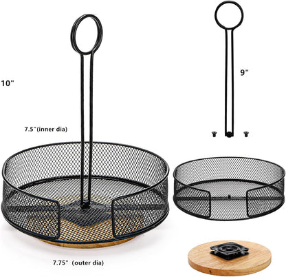 Yesland 2 Pack Metal Rotating Condiment Caddy with Number Card Holder, 7.75 Inch Round Table Caddy with Wooden Base Black Coated Table Caddies Collection for Salt Pepper Ketchup Hot Sauce Mustard