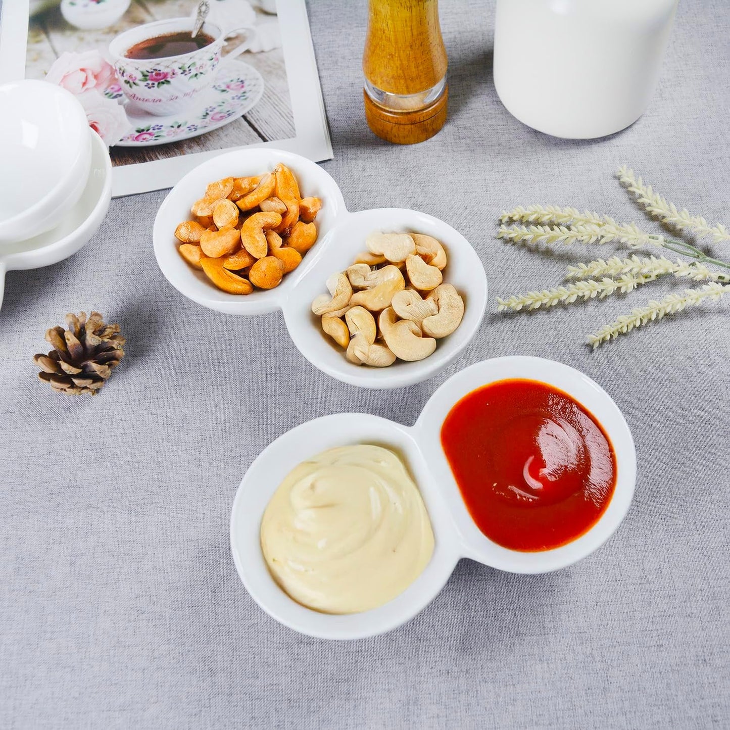 4 Pieces Chip and Dip Serving Set Ceramic Divided Serving Trays Platters Chip and Dip Bowl Compartment Cheese Ball Serving Dish Dumpling Plate for Party Appetizers Snacks Veggies, 7.1 Inch