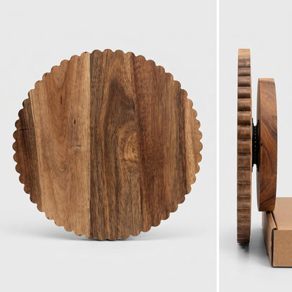 13 Inch Acacia Wood Cake Stand with Lazy Susan - Rotating Cake Turntable for Decorating, Scalloped Wooden Cake Spinner for Wedding, Birthday, Party - Includes 50Pcs 9" Parchment Paper
