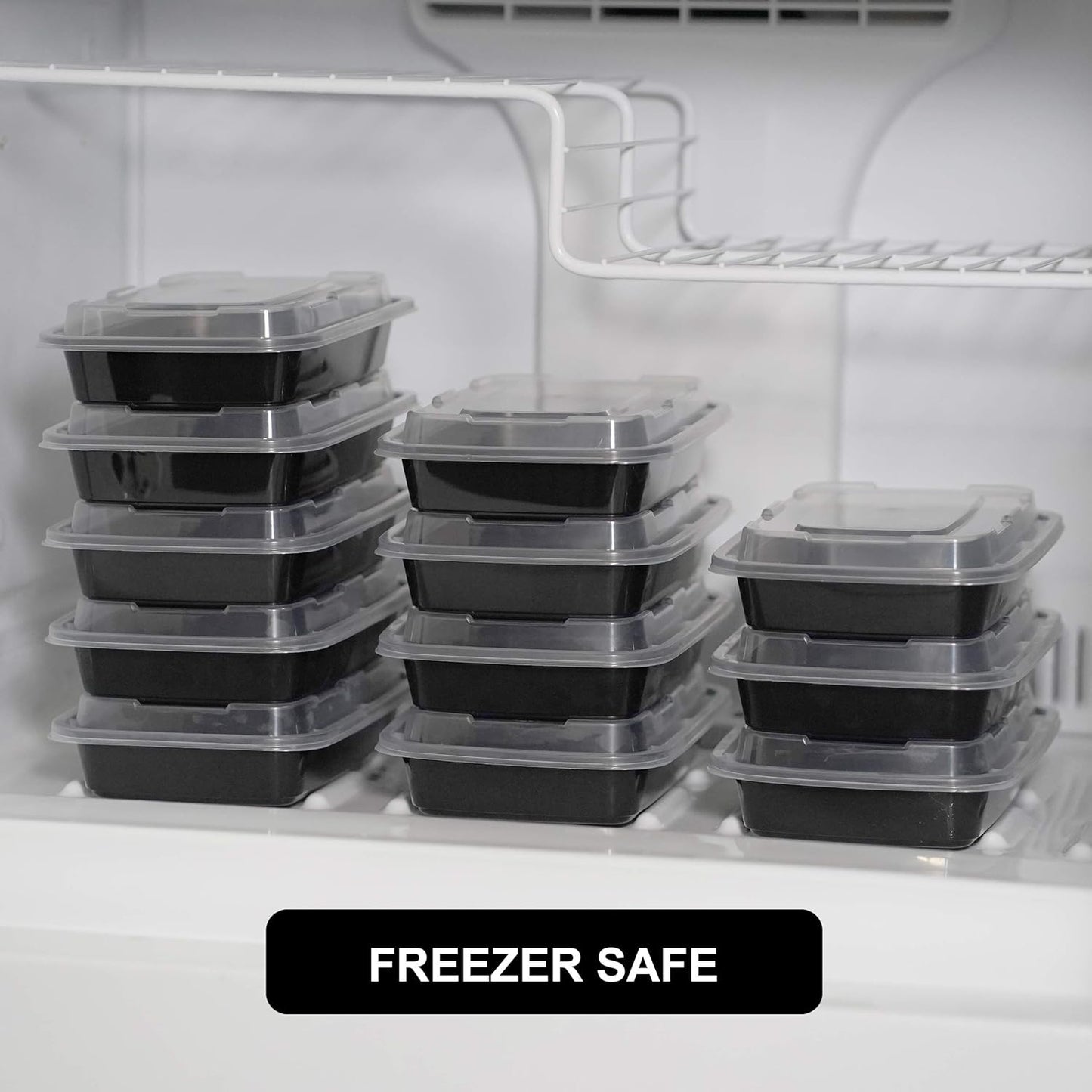 Freshware Meal Prep Containers [15 Pack] 2 Compartment with Lids, Food Storage Containers, Bento Box, BPA Free, Stackable, Microwave/Dishwasher/Freezer Safe (28 oz), Black