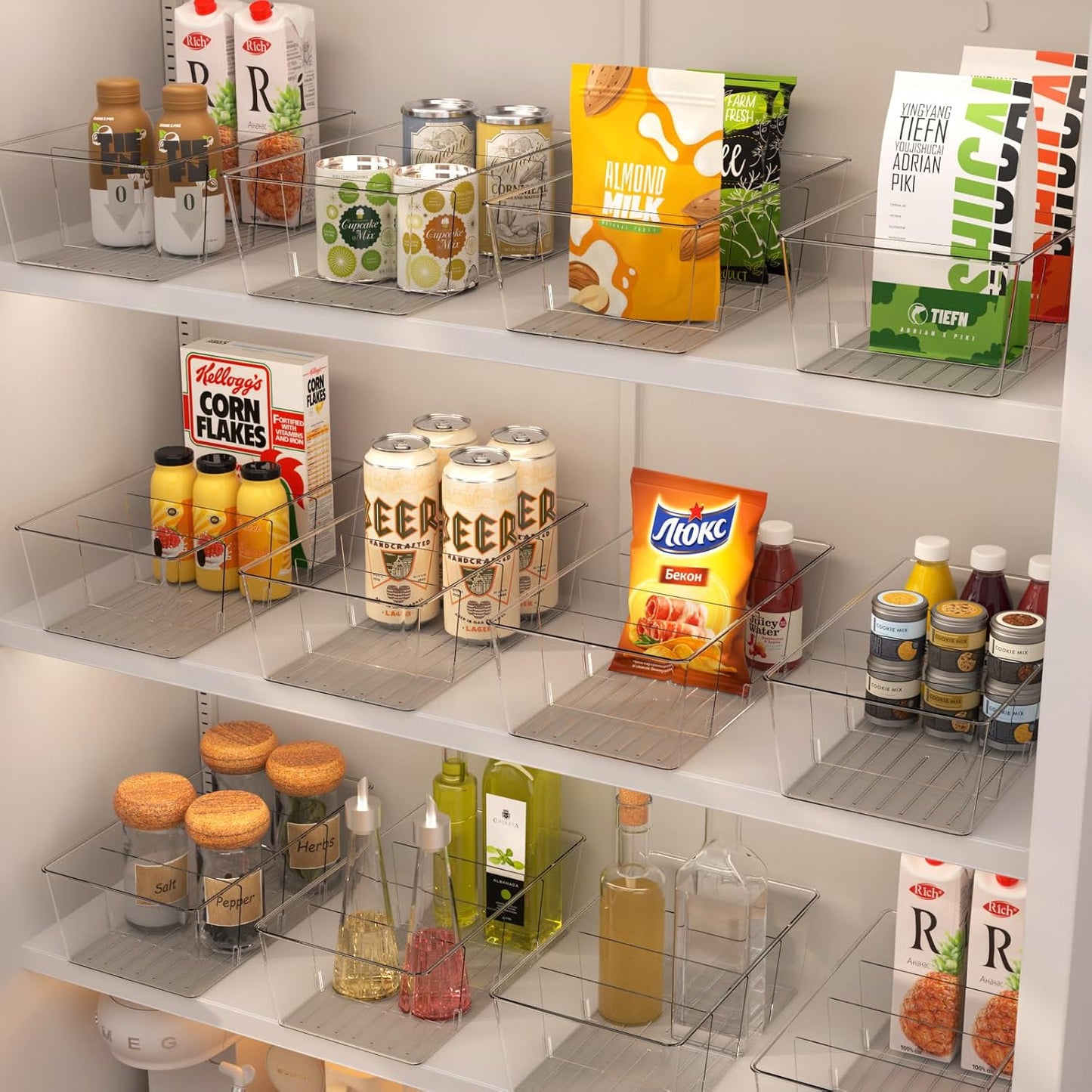 STARLATTA Kitchen Organizers and Storage Bins with Removable Dividers，8 Pack Clear Plastic Storage Bins，Fridge Organizer Bins Pantry Storage Containers for Fruits,Snacks,Tea Packets,Spice Packets