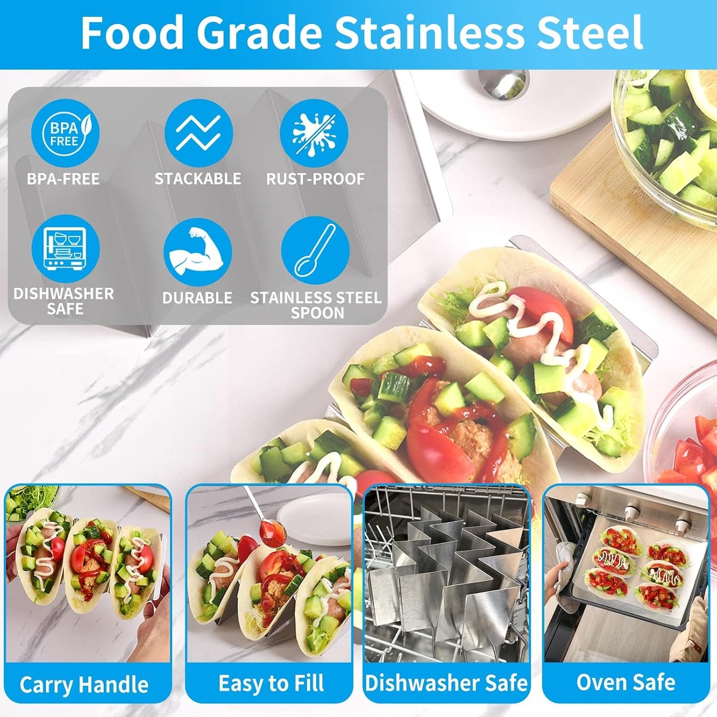 Stainless Steel Taco Holders Set of 12 - Each Metal Taco Stands for 3 Tacos - Taco Rack with Handles - Stylish Taco Shell Holders - Oven & Dishwasher & Grill Safe Taco Trays