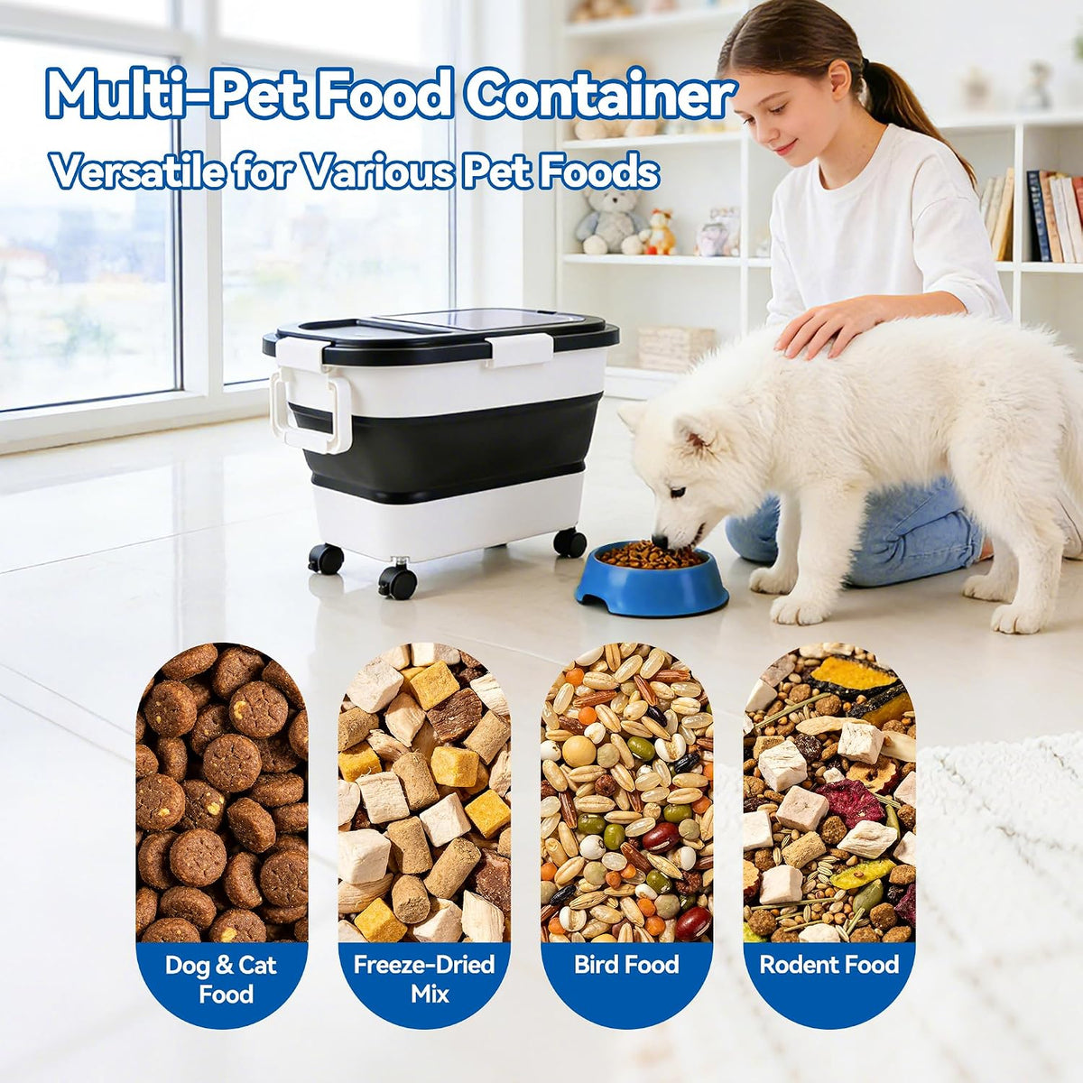 Dog Food Storage Container 20-25lbs, Airtight Pet Food Bin with Locking Lid & Clear Window, Collapsible Rolling Storage Container with Wheels and Scoop, Black