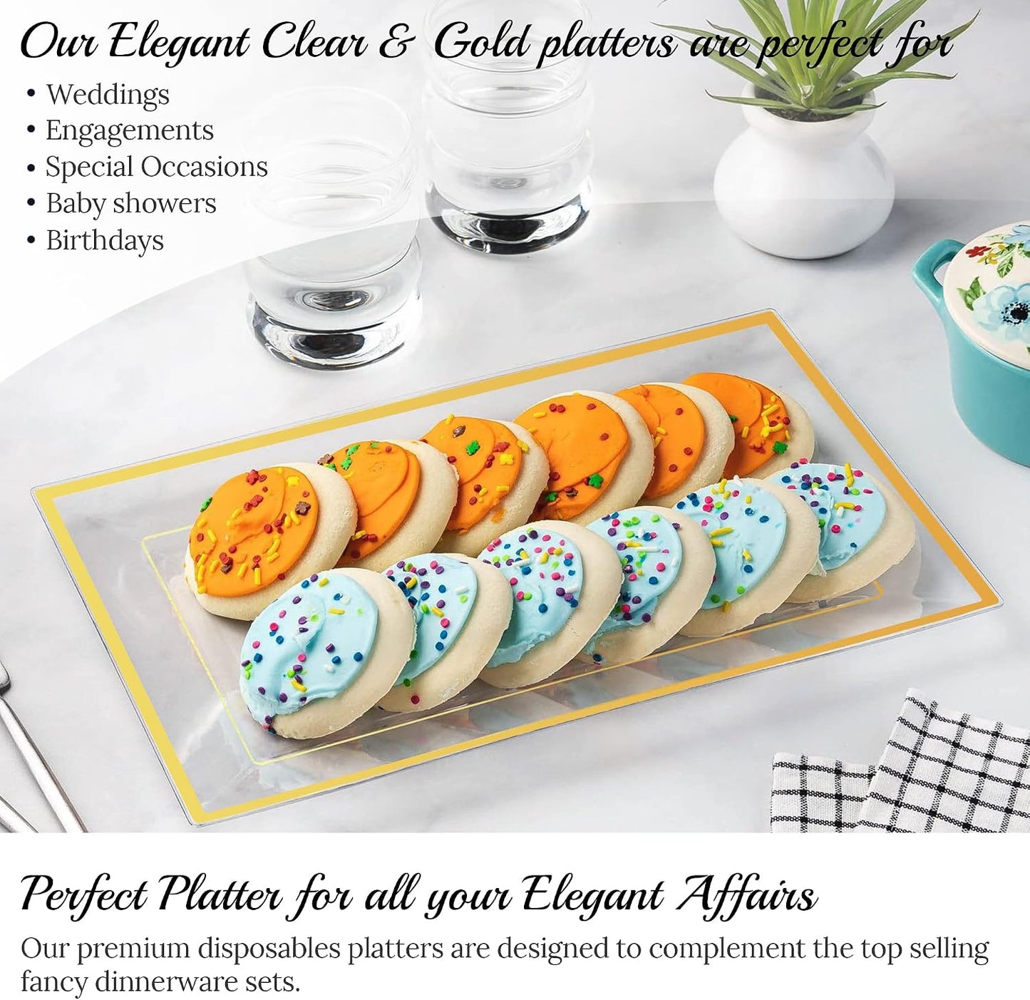 Elegant Plastic Serving Tray & Platter Set (6pk) - White & Gold Rim Disposable Serving Trays & Platters for Food - Weddings, Upscale Parties, Dessert Table, Cupcakes - 8 x 12.85 inches