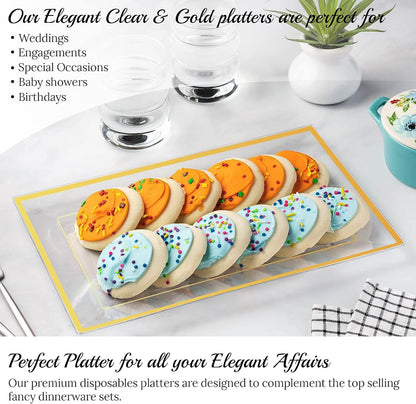 Elegant Plastic Serving Tray & Platter Set (6pk) - White & Gold Rim Disposable Serving Trays & Platters for Food - Weddings, Upscale Parties, Dessert Table, Cupcakes - 8 x 12.85 inches