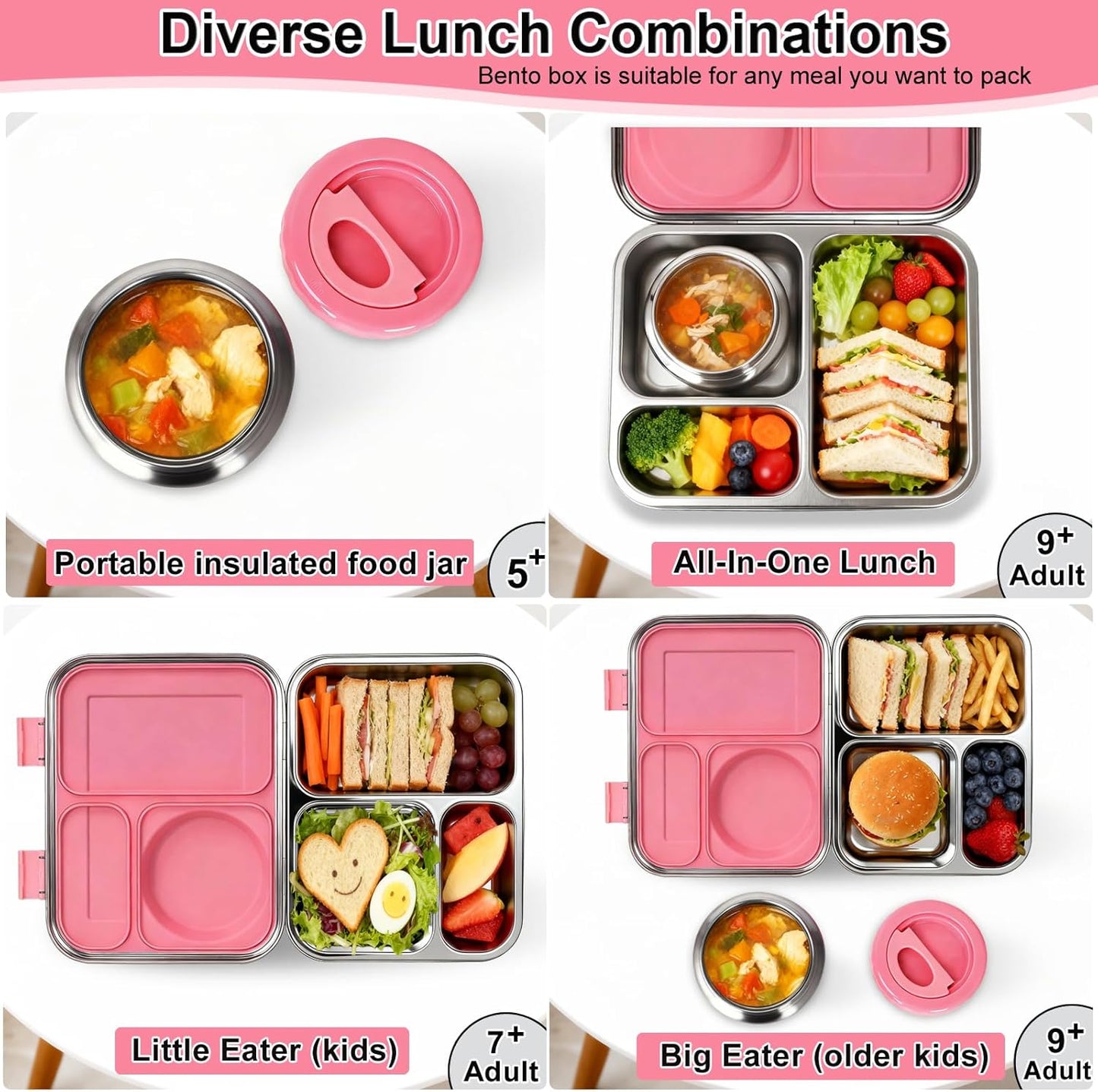 Stainless Steel Bento Lunch Box：7+ Older Kids，Teens ＆ Adult with Insulated Food Jar,Leakproof 3-Compartment,BPA-Free, Eco-Friendly,Dishwasher Safe, Large-Capacity Box, School,Office,Travel （Blue)