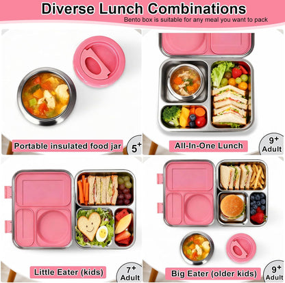 Stainless Steel Bento Lunch Box：7+ Older Kids，Teens ＆ Adult with Insulated Food Jar,Leakproof 3-Compartment,BPA-Free, Eco-Friendly,Dishwasher Safe, Large-Capacity Box, School,Office,Travel （Blue)