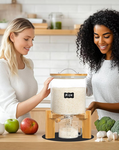 5-7 lbs Glass Rice Dispenser with Wooden Stand Flour and Cereal Container with Glass Measuring Cup & Labels & Slider mat Pantry Food Organization Storage Bin with Airtight Bamboo Lid, 3L