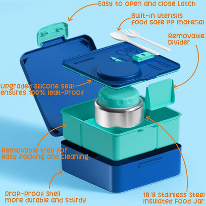 Fimibuke Kids Bento Lunch Box with Thermo, Leakproof Toddler Bento Box with 8.5OZ Insulated Food Jar, Lunch Bag & Utensils BPA Free Dishwasher Safe 3 or 4 Compartment Container for School Girls Boys