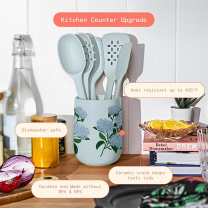 6 Piece Silicone Kitchen Utensil Set with Holder, Heat Resistant Cooking Tools, Nonstick Safe Spatula Spoon Turner Set with Ceramic Storage Crock